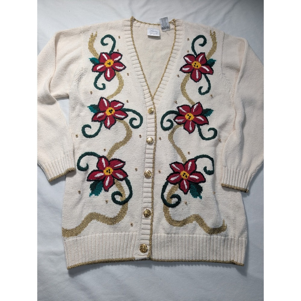 Laura Gayle Vintage Floral Christmas Cardigan Sweater Cream Gold Poinsettia Med